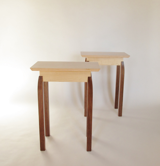 A pair of small narrow end tables- tiger maple and walnut narrow nightstands, small bed side tables, solid wood accent tabels for small spaces, narrow end tables- solid wood furniture handmade in the USA by Mokuzai Furniture